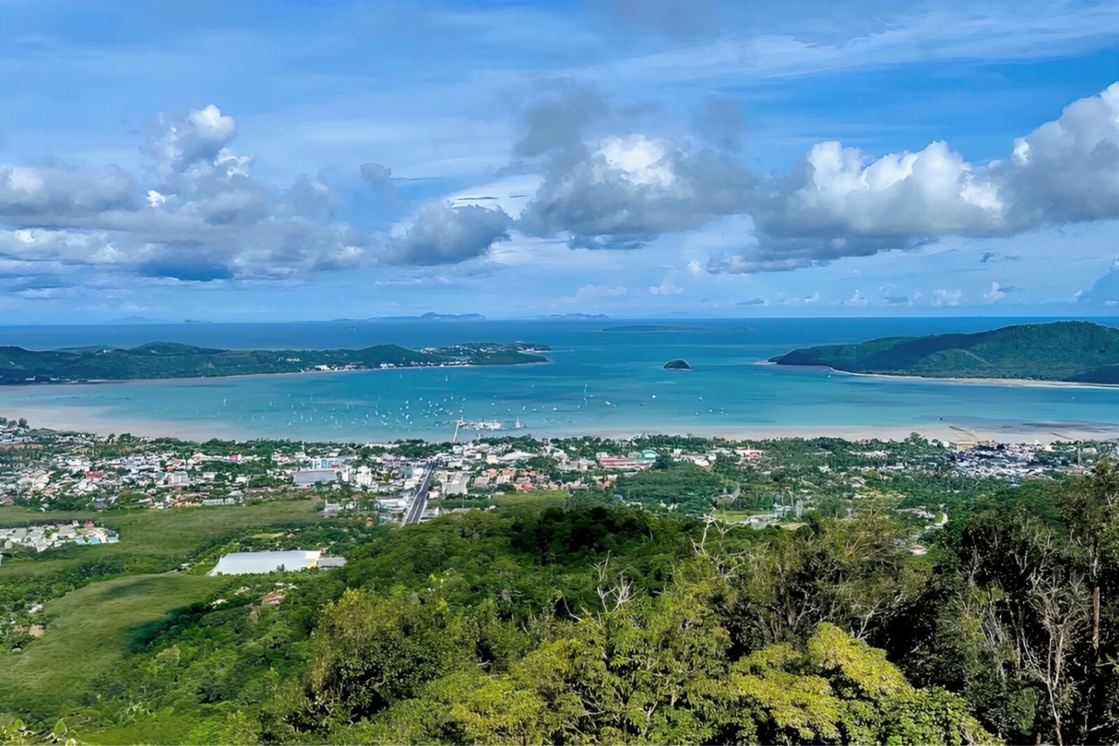 Panoramic view of hills and coastline from the Big Buddha hilltop terrace
