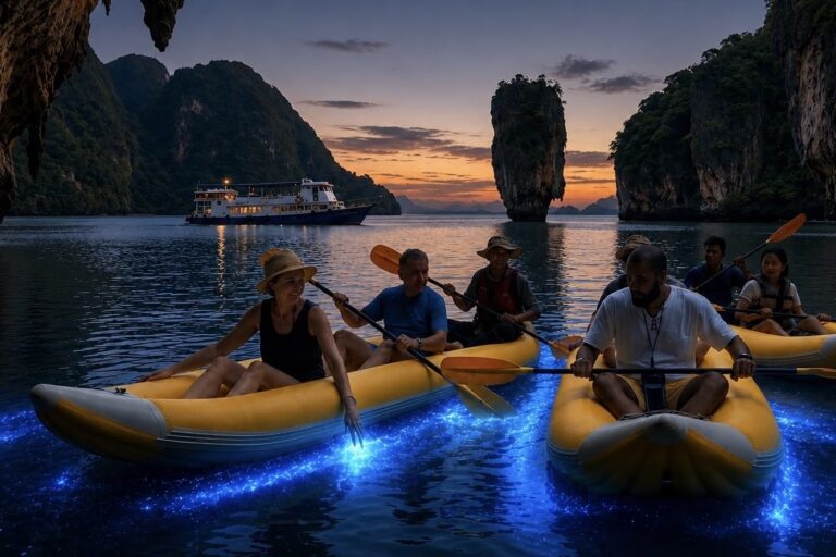 Paddle through limestone caves and hidden lagoon, experience bioluminescent plankton after dark.