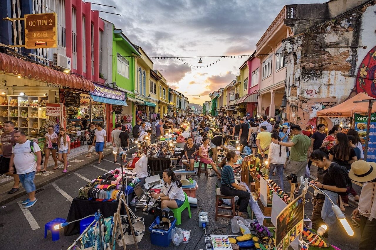 Traditional dishes and food stalls at a local night market in Phuket